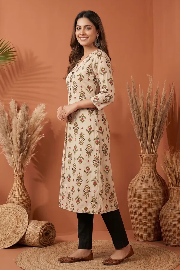 Elegant_Cream_Cotton_A_Line_Princess_Cut_Kurta_with_Ethnic_Ikat_Print