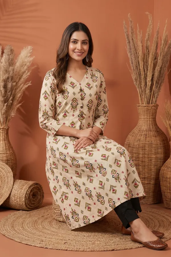 Elegant_Cream_Cotton_A_Line_Princess_Cut_Kurta_with_Ethnic_Ikat_Print
