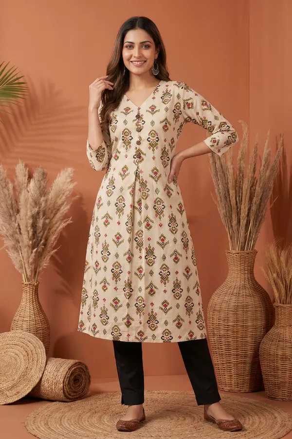 Elegant_Cream_Cotton_A_Line_Princess_Cut_Kurta_with_Ethnic_Ikat_Print