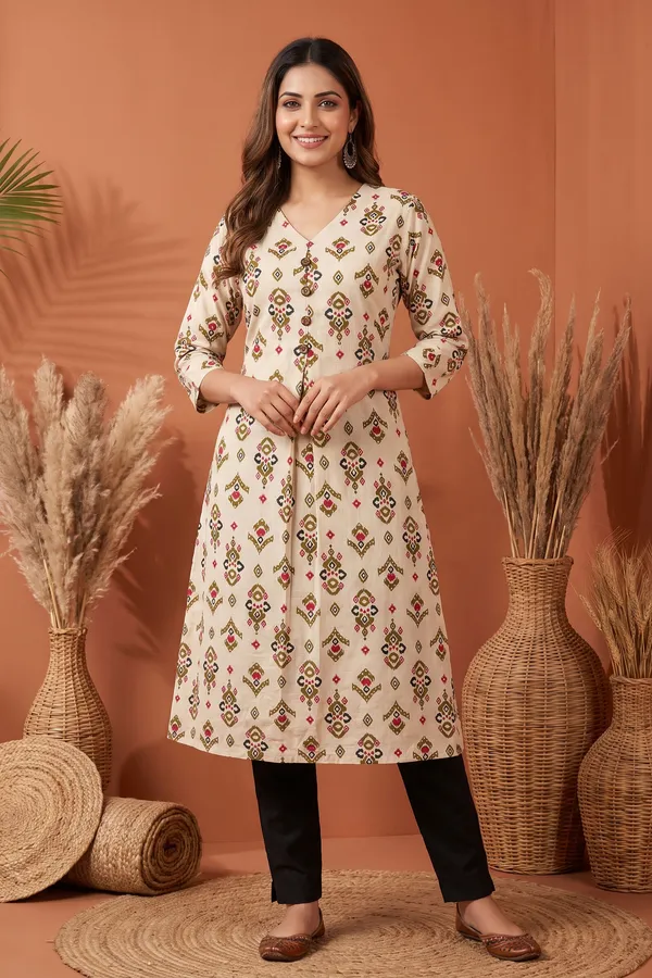 Elegant_Cream_Cotton_A_Line_Princess_Cut_Kurta_with_Ethnic_Ikat_Print