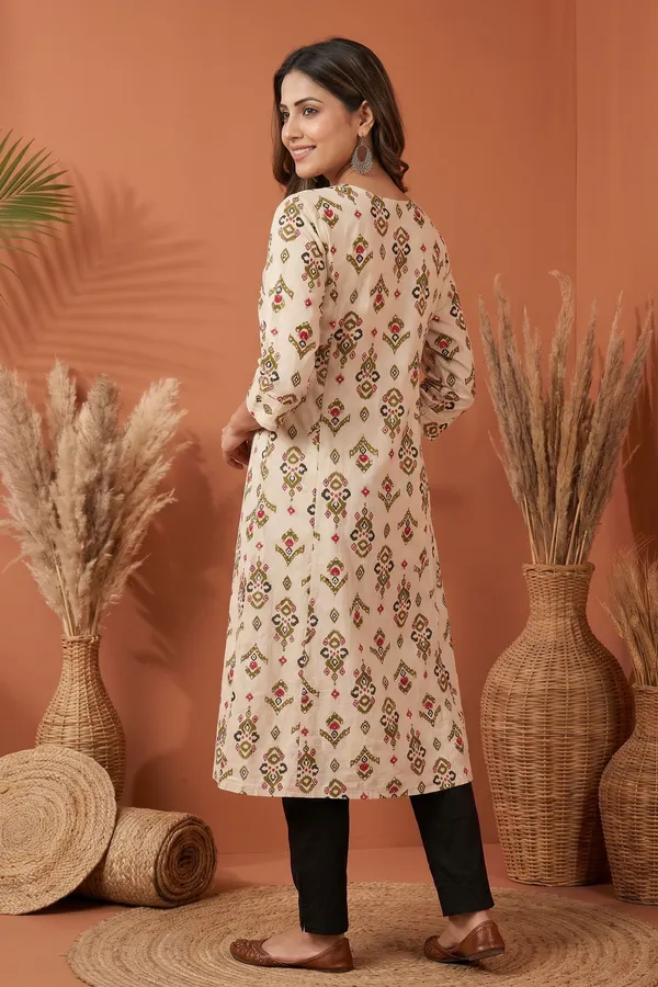 Elegant_Cream_Cotton_A_Line_Princess_Cut_Kurta_with_Ethnic_Ikat_Print