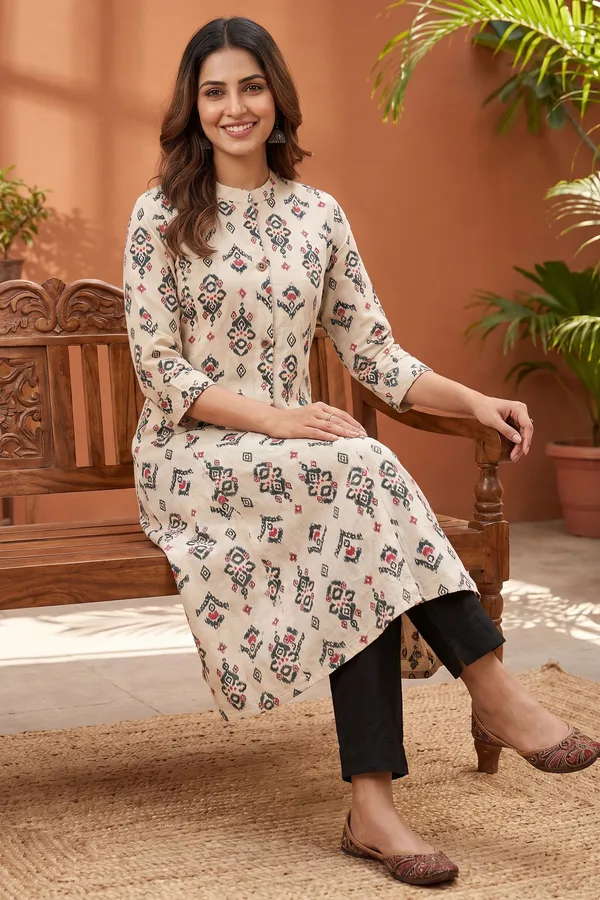 Elegant_Cream_Cotton_A_Line_Princess_Cut_Kurta_with_Ikat_Inspired_Ethnic_Print