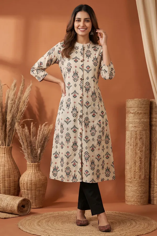 Elegant_Cream_Cotton_A_Line_Princess_Cut_Kurta_with_Ikat_Inspired_Ethnic_Print
