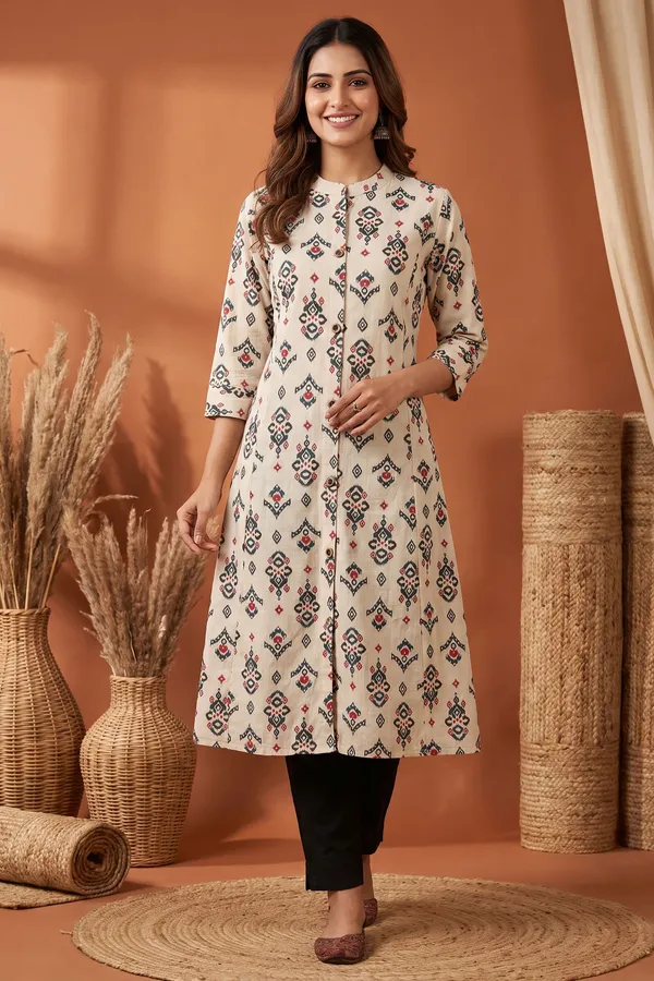 Elegant_Cream_Cotton_A_Line_Princess_Cut_Kurta_with_Ikat_Inspired_Ethnic_Print