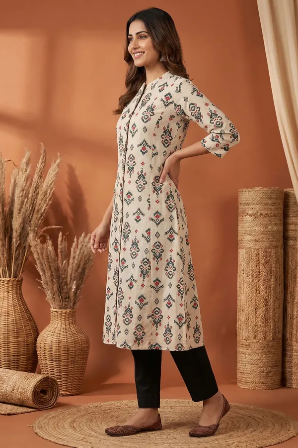Elegant_Cream_Cotton_A_Line_Princess_Cut_Kurta_with_Ikat_Inspired_Ethnic_Print