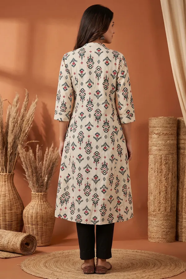 Elegant_Cream_Cotton_A_Line_Princess_Cut_Kurta_with_Ikat_Inspired_Ethnic_Print