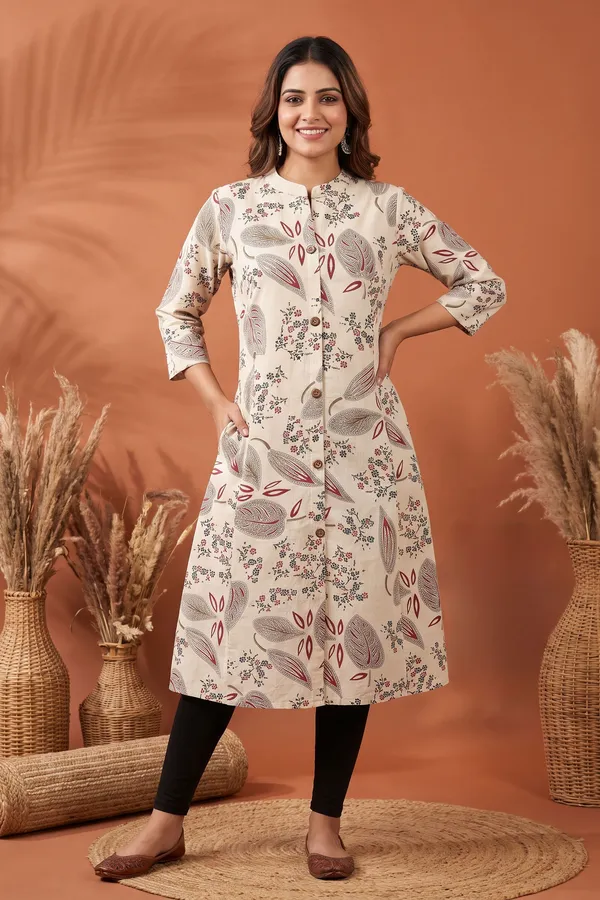 Elegant_Cream_Cotton_A_Line_Princess_Cut_Kurta_with_Leaf_Print