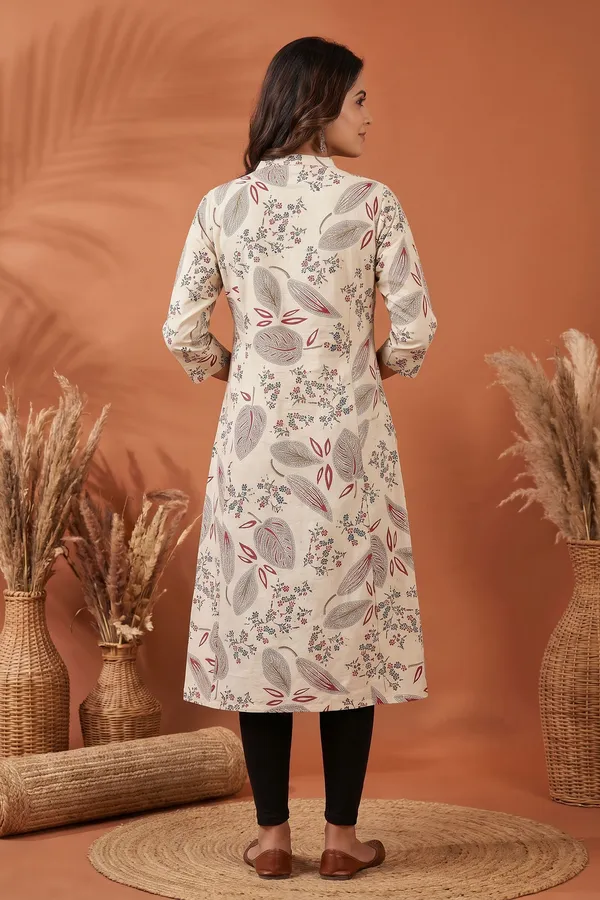 Elegant_Cream_Cotton_A_Line_Princess_Cut_Kurta_with_Leaf_Print