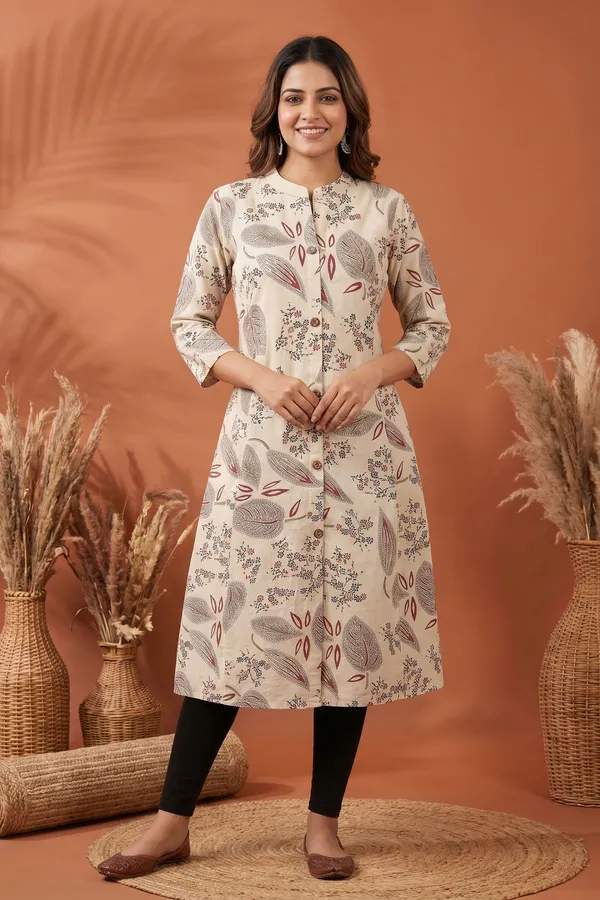 Elegant_Cream_Cotton_A_Line_Princess_Cut_Kurta_with_Leaf_Print