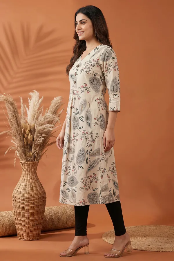 Elegant_Cream_Cotton_A_Line_Princess_Cut_Kurta_with_Nature_Leaf_Print