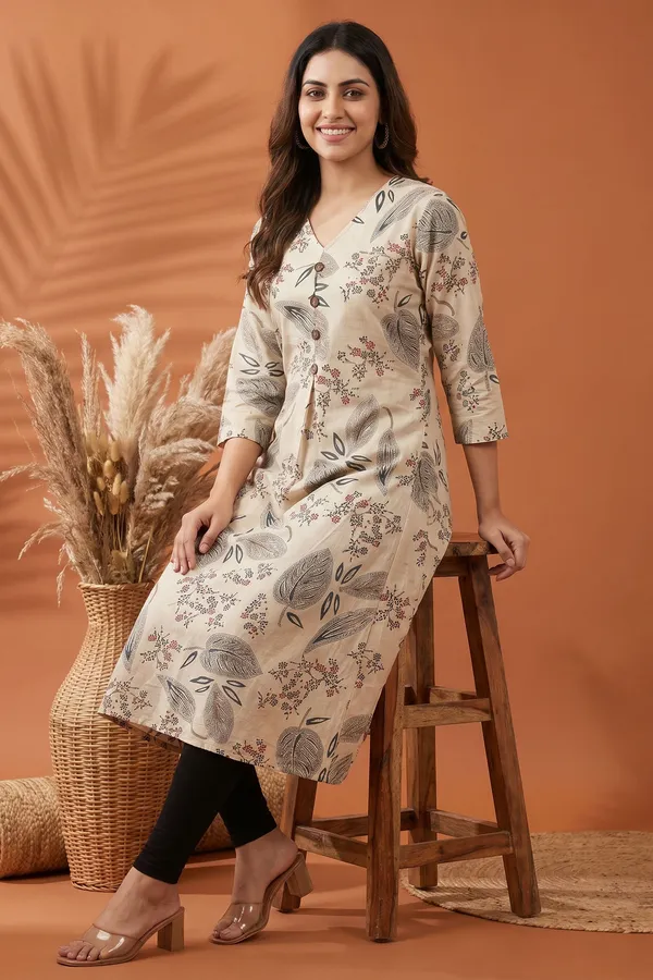 Elegant_Cream_Cotton_A_Line_Princess_Cut_Kurta_with_Nature_Leaf_Print