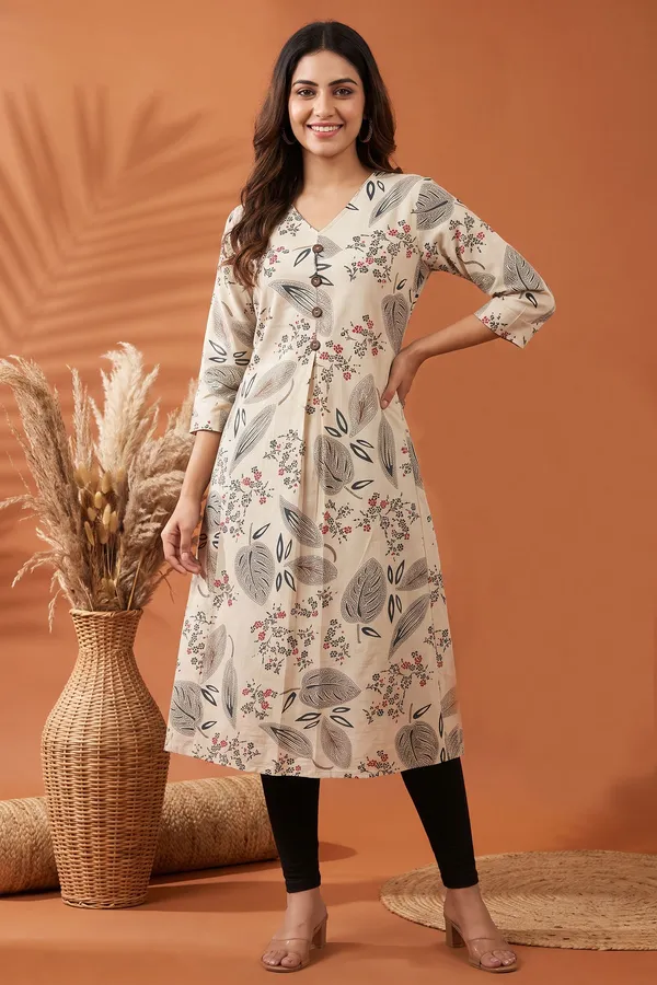 Elegant_Cream_Cotton_A_Line_Princess_Cut_Kurta_with_Nature_Leaf_Print