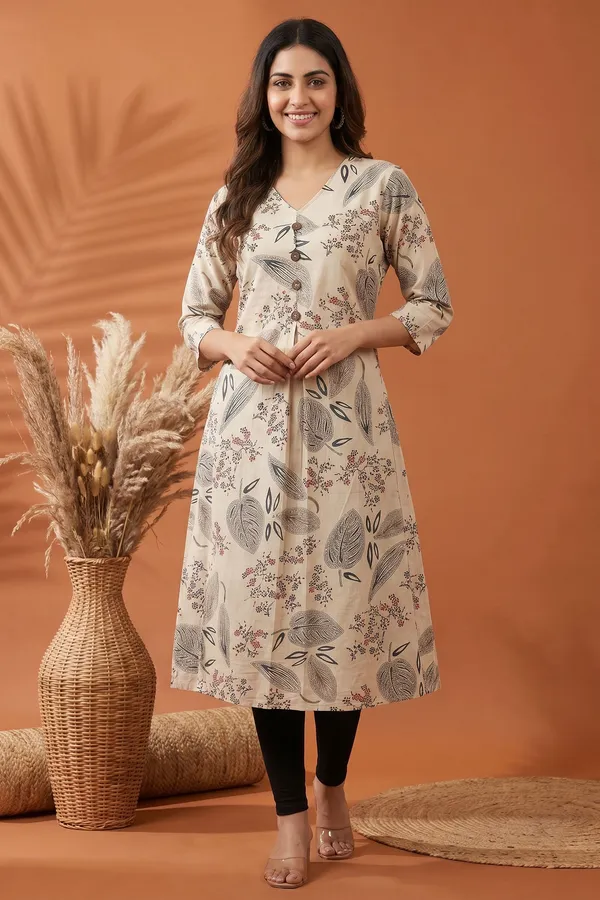 Elegant_Cream_Cotton_A_Line_Princess_Cut_Kurta_with_Nature_Leaf_Print