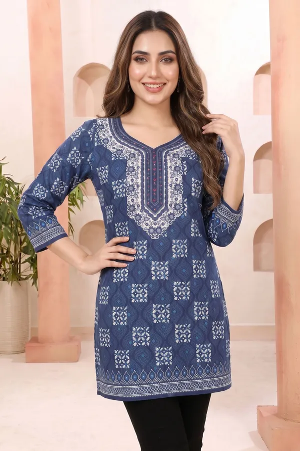 Elegant_Indigo_Cotton_Short_Kurti_with_Round_Neck_Botanical_Block_Print