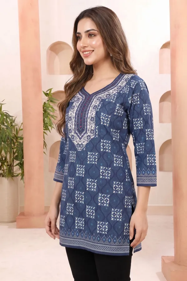 Elegant_Indigo_Cotton_Short_Kurti_with_Round_Neck_Botanical_Block_Print