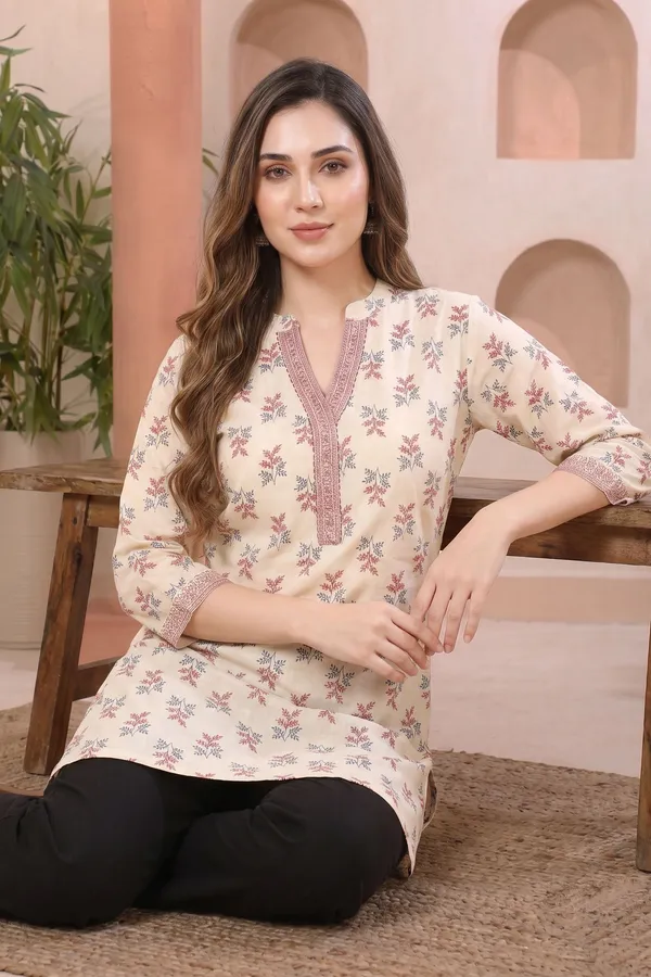 Elegant_Ivory_Cotton_Short_Kurti_with_Ban_Collar_Princess_Cut