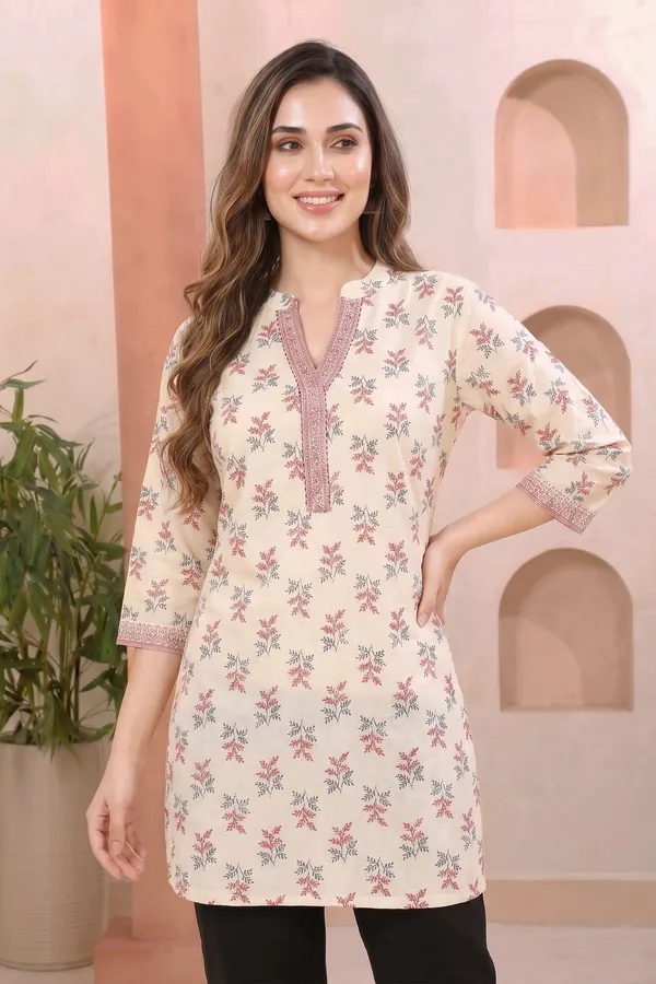 Elegant_Ivory_Cotton_Short_Kurti_with_Ban_Collar_Princess_Cut