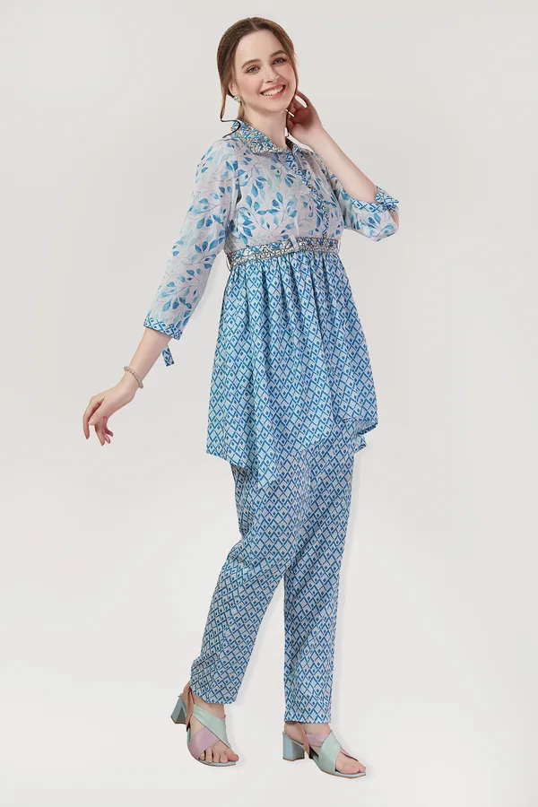 Ethnic_Blue_Leaf_Print_Cotton_Co-ord_Set_With_Belt