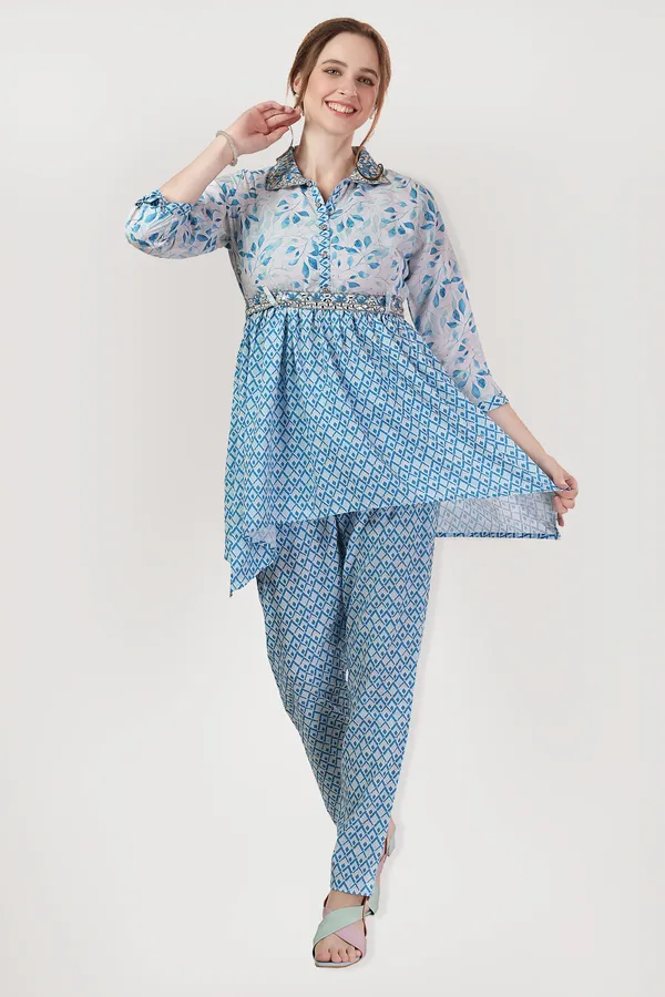 Ethnic_Blue_Leaf_Print_Cotton_Co-ord_Set_With_Belt