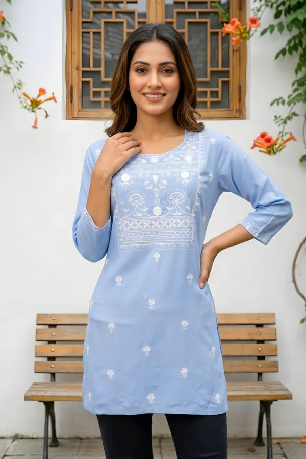 Light_Blue_Rayon_Short_Kurti_with_Chikankari_Embroidery