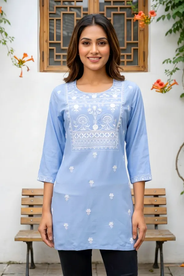 Light_Blue_Rayon_Short_Kurti_with_Chikankari_Embroidery
