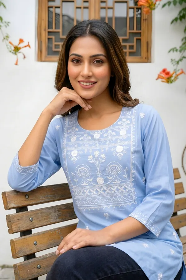 Light_Blue_Rayon_Short_Kurti_with_Chikankari_Embroidery