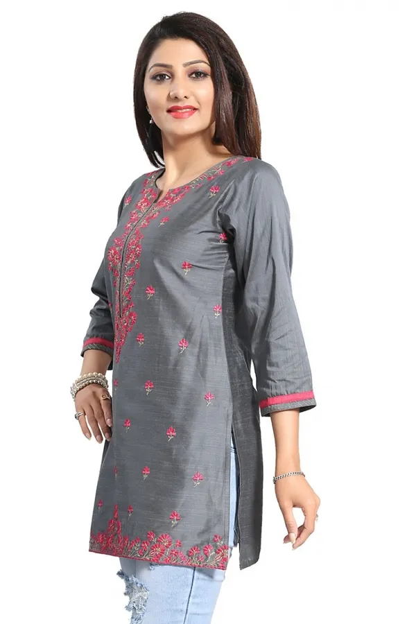Elegant_Gray_Short_and_Straight_Raw_Silk_Tunic_with_Pink_Machine_Work_Embroidery