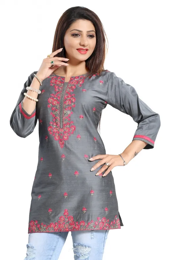 Elegant_Gray_Short_and_Straight_Raw_Silk_Tunic_with_Pink_Machine_Work_Embroidery