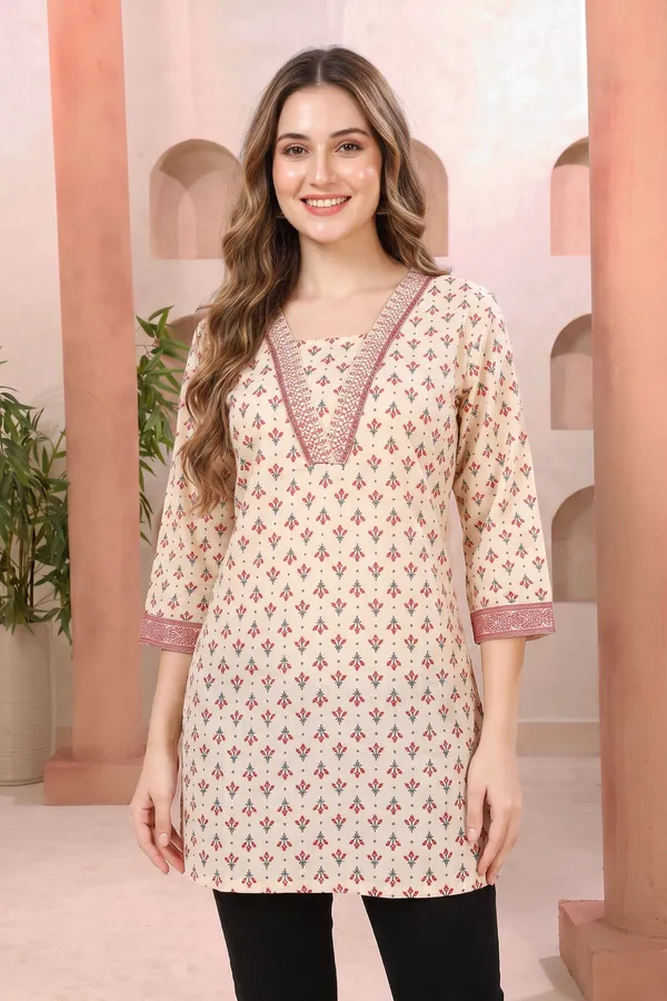 Graceful_Beige_Cotton_Short_Kurti_with_Ban_Collar_V_Neck_Pattern