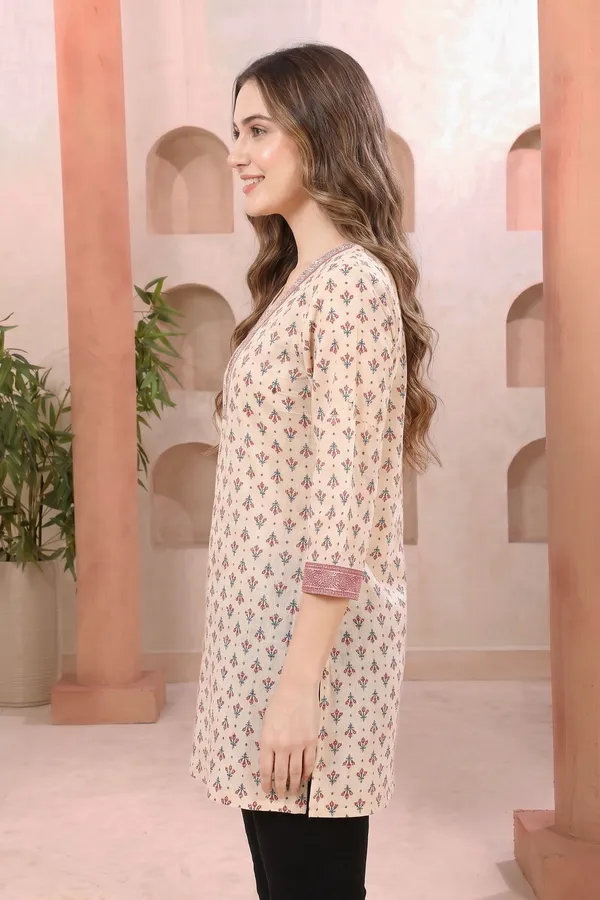 Graceful_Beige_Cotton_Short_Kurti_with_Ban_Collar_V_Neck_Pattern