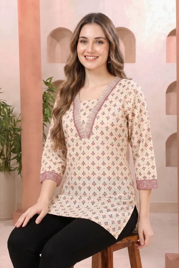 Graceful_Beige_Cotton_Short_Kurti_with_Ban_Collar_V_Neck_Pattern