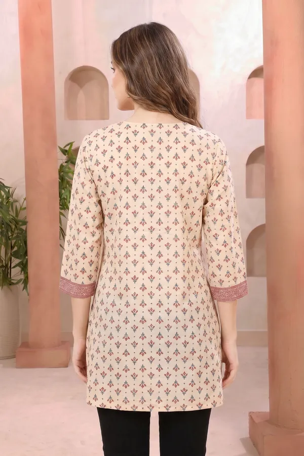 Graceful_Beige_Cotton_Short_Kurti_with_Ban_Collar_V_Neck_Pattern