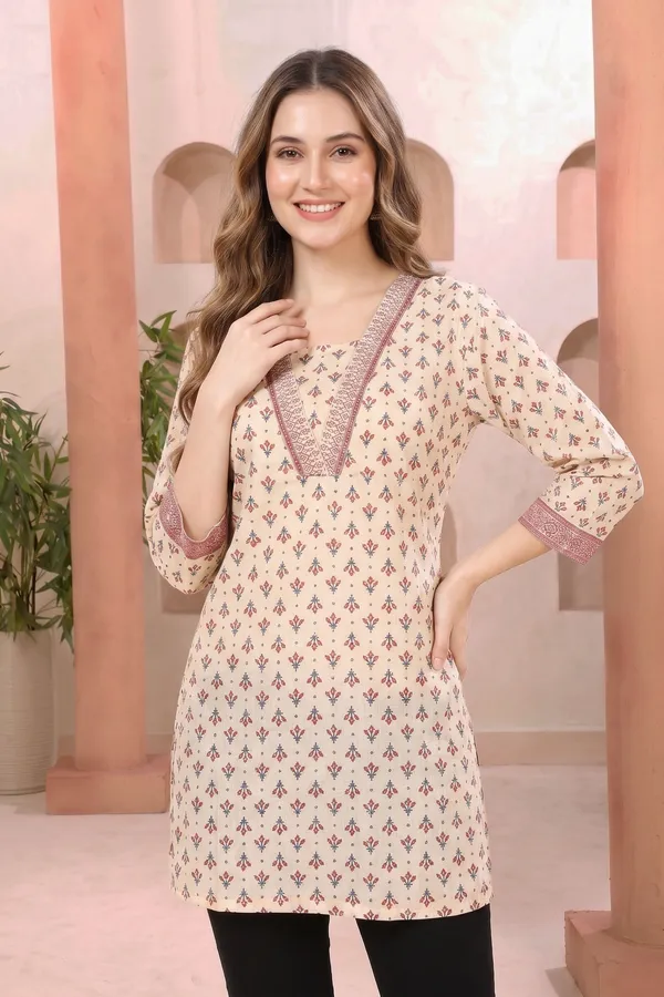 Graceful_Beige_Cotton_Short_Kurti_with_Ban_Collar_V_Neck_Pattern