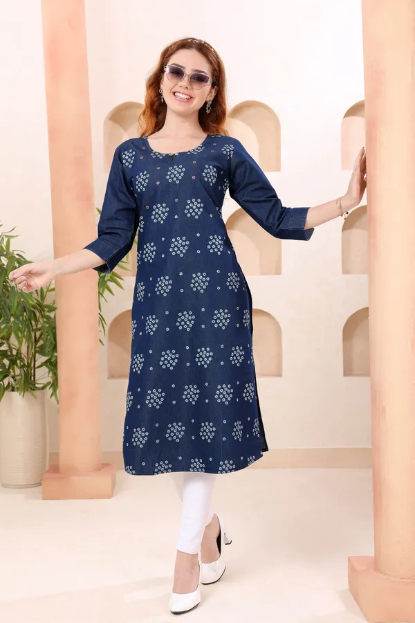 Fashionable_Round_Neck_Denim_Kurti_With_Hand_Embroidery