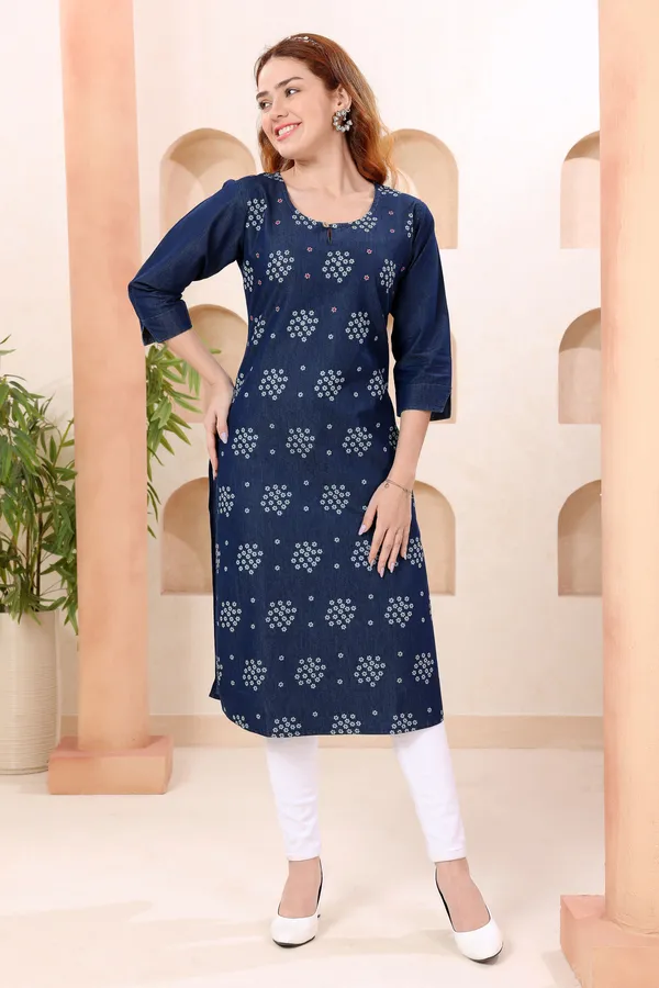Fashionable_Round_Neck_Denim_Kurti_With_Hand_Embroidery