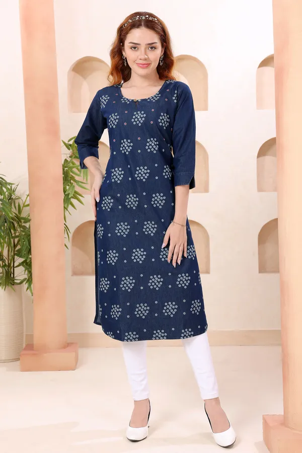 Fashionable_Round_Neck_Denim_Kurti_With_Hand_Embroidery