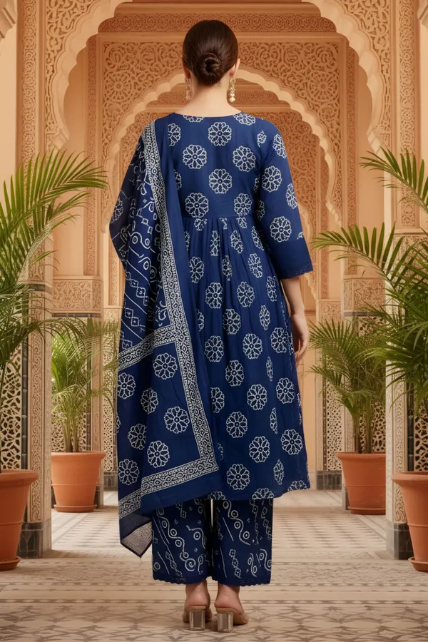 Blue_Jaipuri_Print_Cotton_Flared_3_Piece_Suit_Set_with_Stitched_Yoke_Neckline