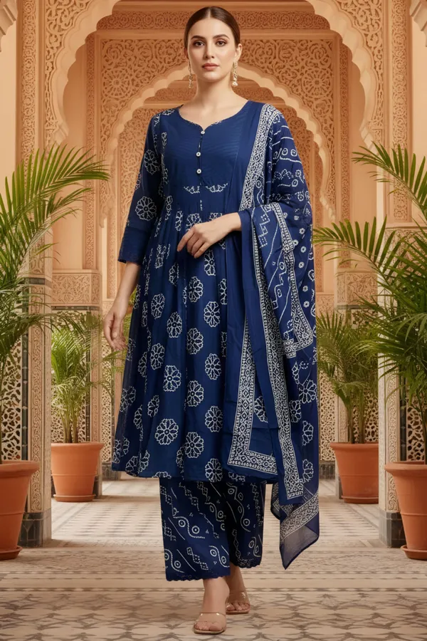 Blue_Jaipuri_Print_Cotton_Flared_3_Piece_Suit_Set_with_Stitched_Yoke_Neckline