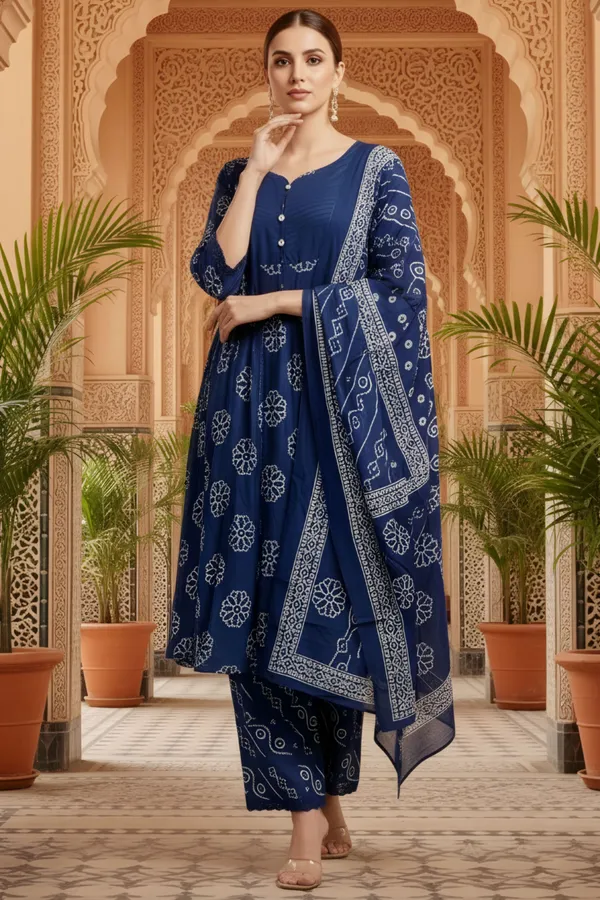 Blue_Jaipuri_Print_Cotton_Flared_3_Piece_Suit_Set_with_Stitched_Yoke_Neckline