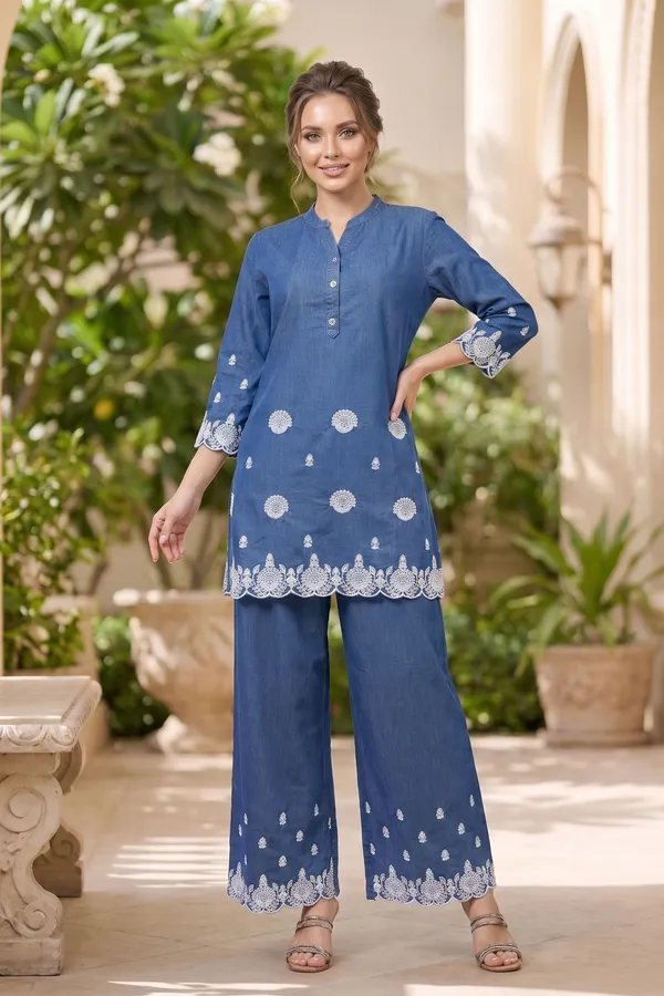Heritage_Blue_Denim_Kurta_Palazzo_Set_with_Botanical_Thread_Embroidery_Border