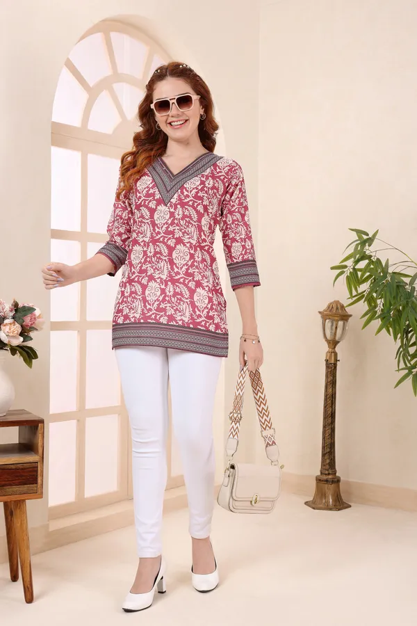 Coral_Cotton_V_Neck_Short_Kurti_Tunic_Top_for_Women