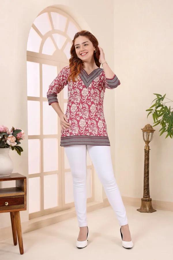Coral_Cotton_V_Neck_Short_Kurti_Tunic_Top_for_Women