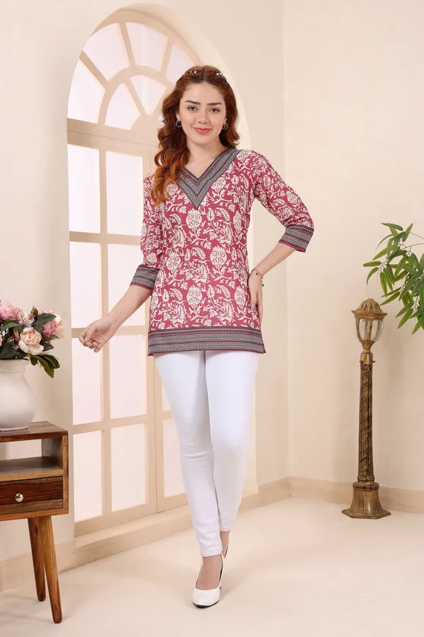 Coral_Cotton_V_Neck_Short_Kurti_Tunic_Top_for_Women