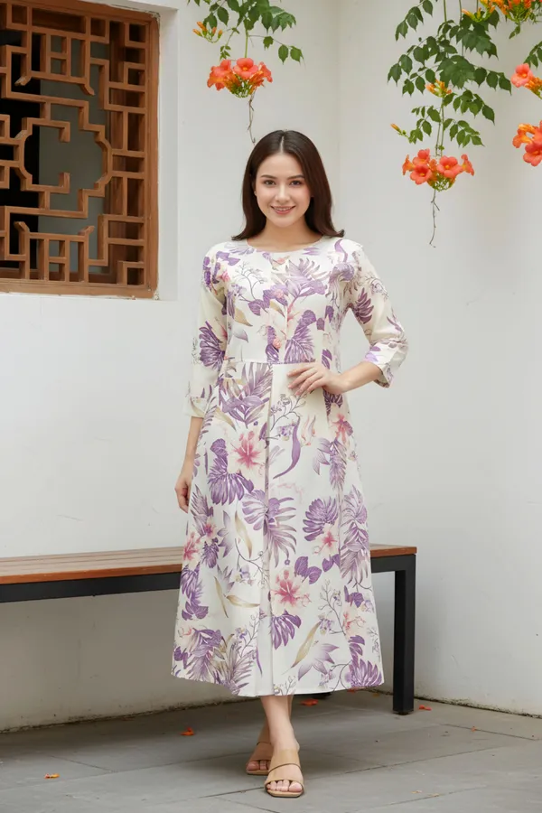 Purple_Leafy_Print_Linen_Cotton_Flared_Long_Kurta_For_Women