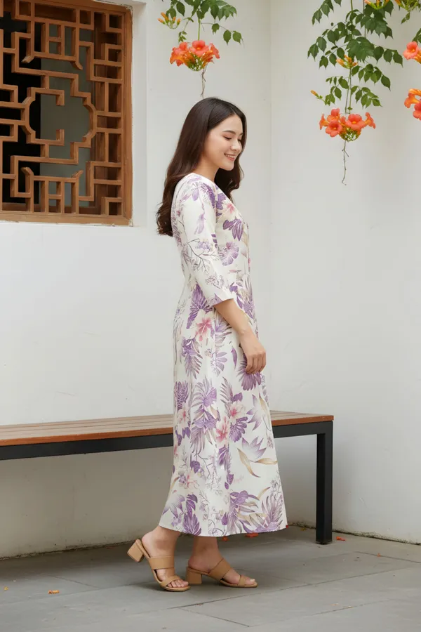 Purple_Leafy_Print_Linen_Cotton_Flared_Long_Kurta_For_Women
