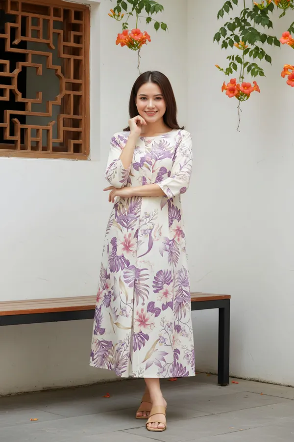 Purple_Leafy_Print_Linen_Cotton_Flared_Long_Kurta_For_Women