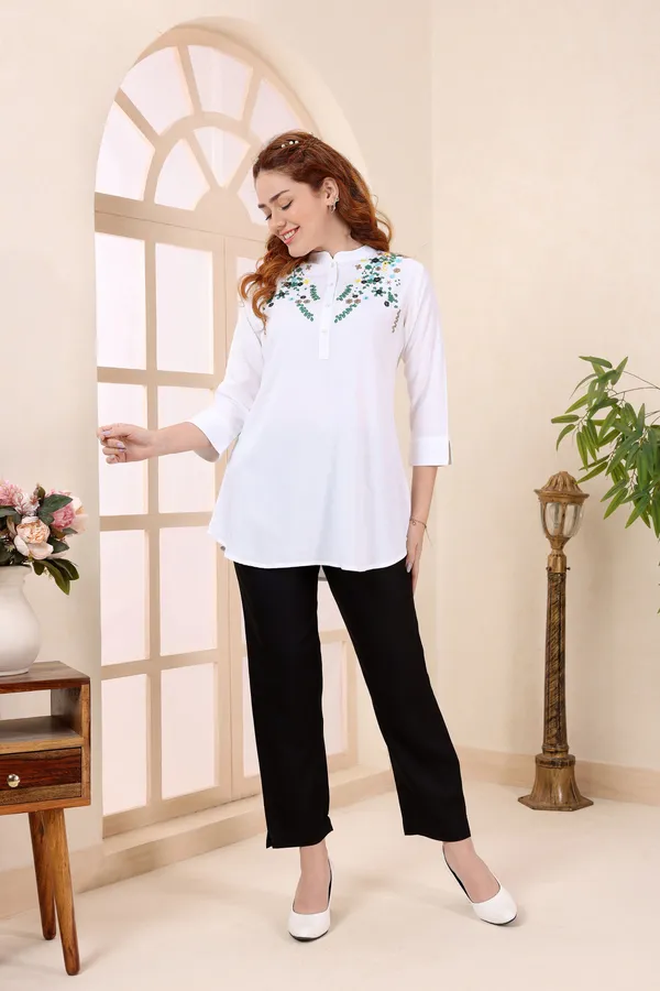 White_Rayon_Green_Embroidered_Short_Tunic_Top