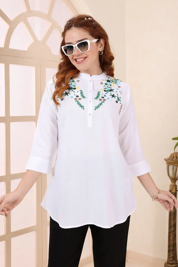 White_Rayon_Green_Embroidered_Short_Tunic_Top