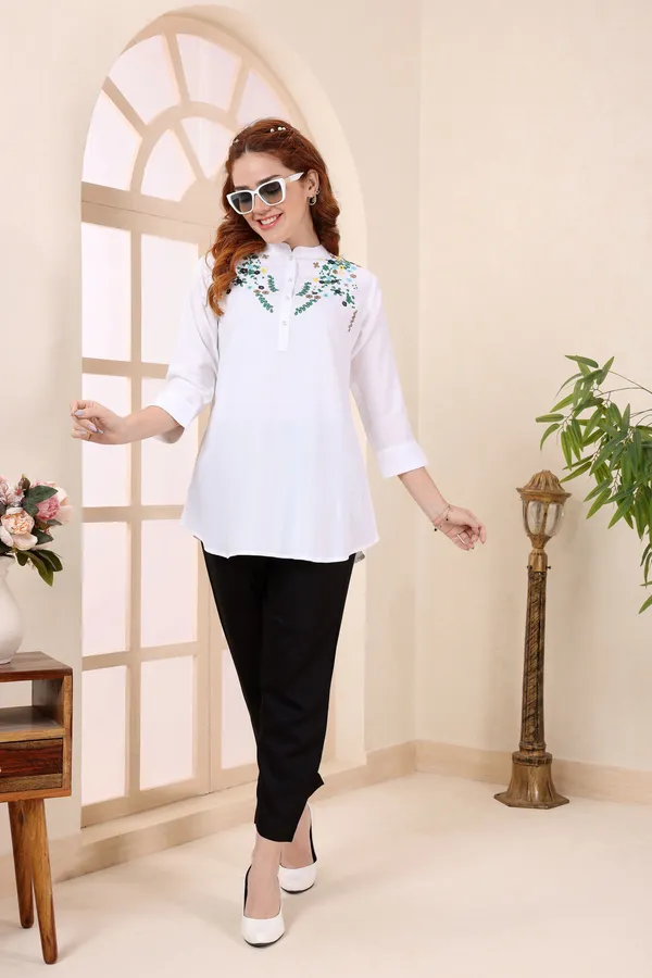 White_Rayon_Green_Embroidered_Short_Tunic_Top