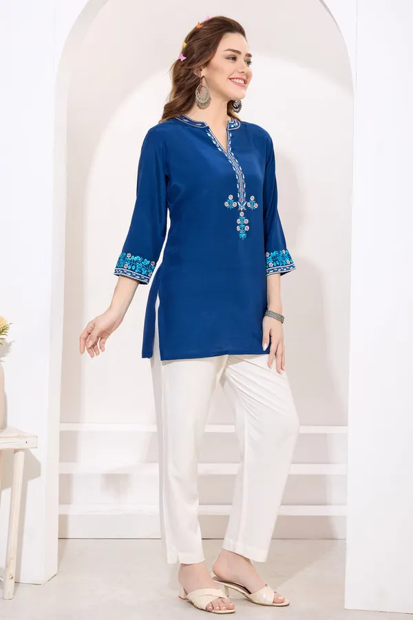 Blue_Polysilk_Short_Tunic_with_Colorful_Elegant_Embroidery